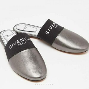Givenchy Metallic Silver Pewter Leather and Slip-On Mule Shoes - Logo Black